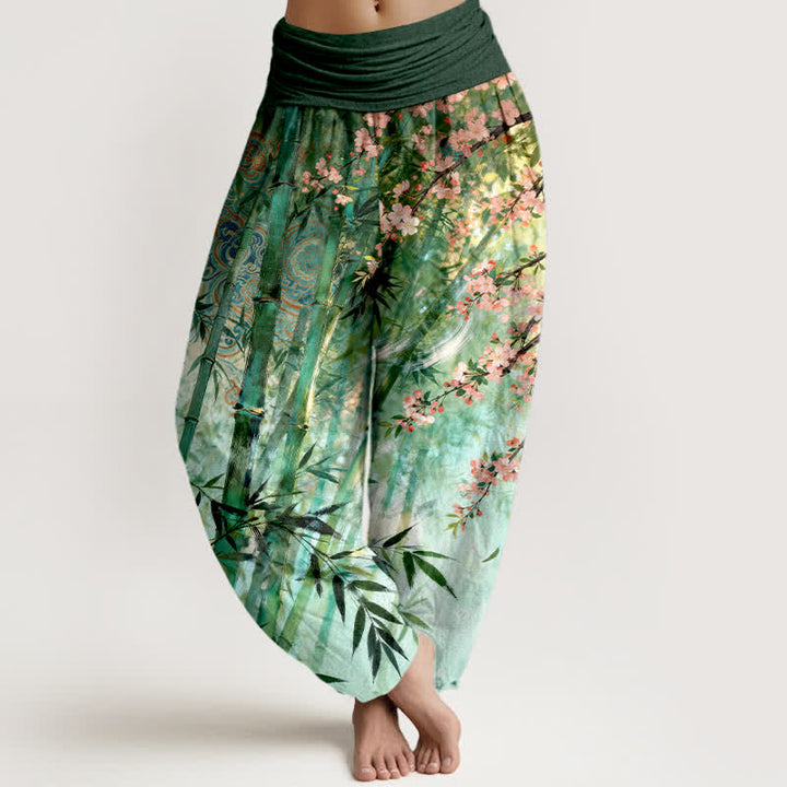 Buddha Stones Pantaloni harem da donna in cotone, bambù e con motivo a fiori di ciliegio, con elastico in vita. - Verde mare - US16, UK/AU20, EU48 (3XL) - image 0