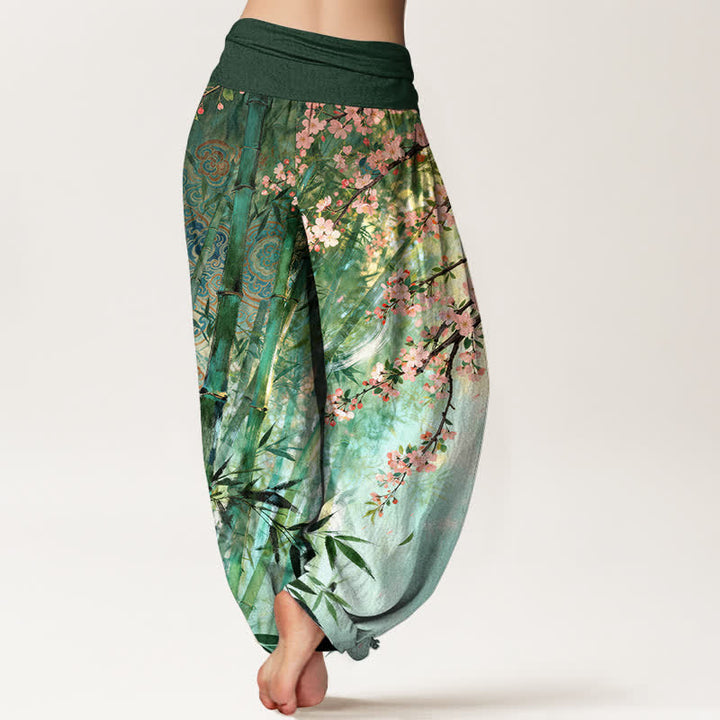 Buddha Stones Pantaloni harem da donna in cotone, bambù e con motivo a fiori di ciliegio, con elastico in vita. - image 2