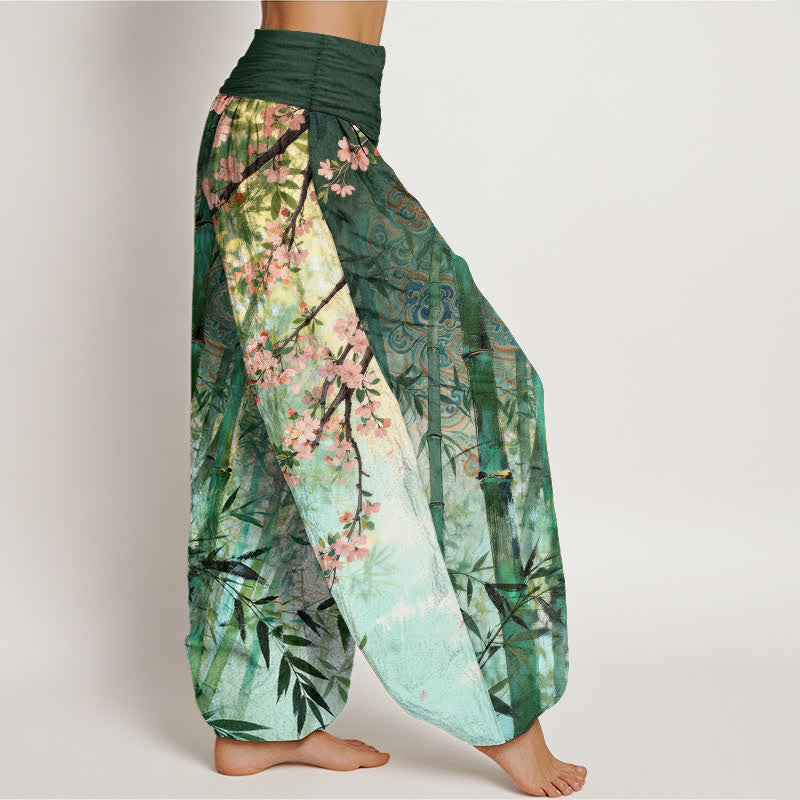 Buddha Stones Pantaloni harem da donna in cotone, bambù e con motivo a fiori di ciliegio, con elastico in vita. - image 1