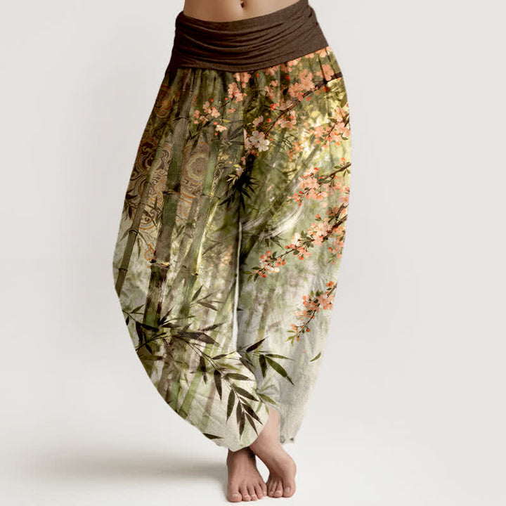 Buddha Stones Pantaloni harem da donna in cotone, bambù e con motivo a fiori di ciliegio, con elastico in vita. - Oliva - US16, UK/AU20, EU48 (3XL) - image 5