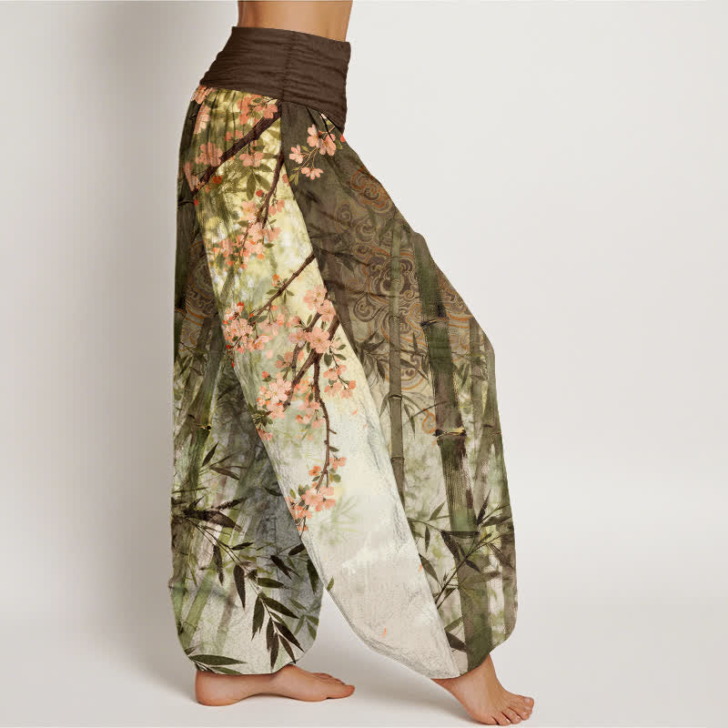 Buddha Stones Pantaloni harem da donna in cotone, bambù e con motivo a fiori di ciliegio, con elastico in vita. - image 6