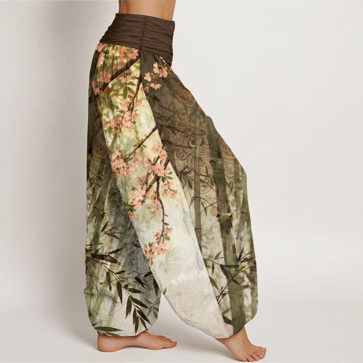 Buddha Stones Pantaloni harem da donna in cotone, bambù e con motivo a fiori di ciliegio, con elastico in vita. - image 6