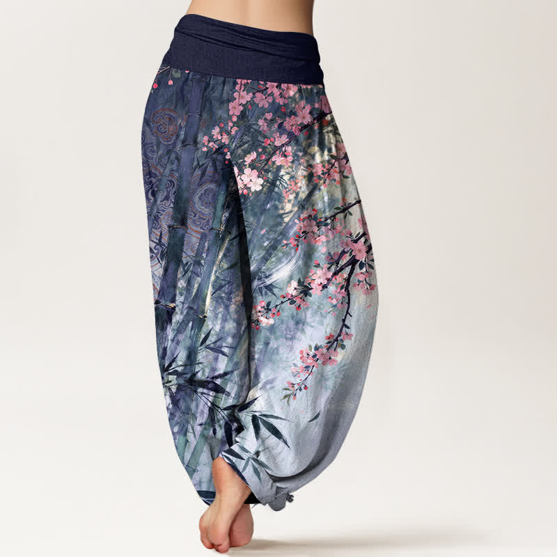 Buddha Stones Pantaloni harem da donna in cotone, bambù e con motivo a fiori di ciliegio, con elastico in vita. - image 10
