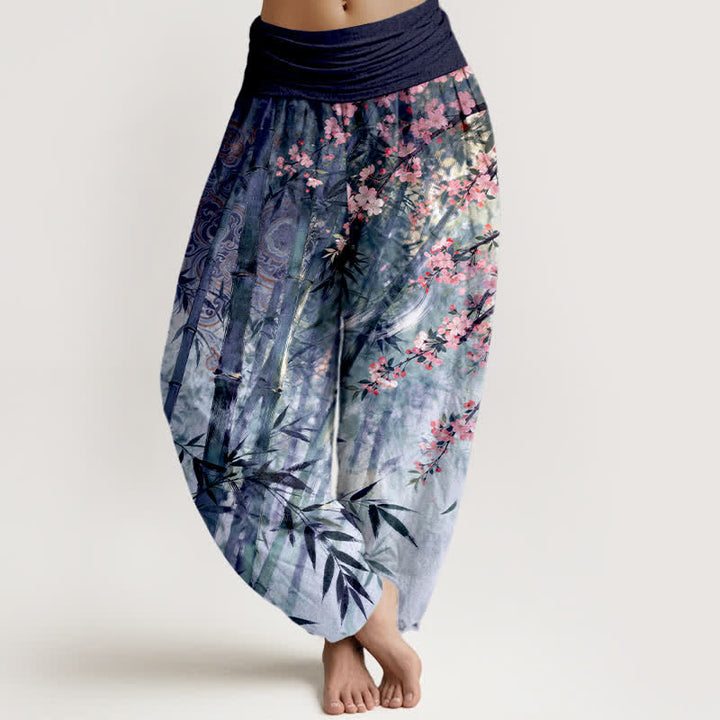 Buddha Stones Pantaloni harem da donna in cotone, bambù e con motivo a fiori di ciliegio, con elastico in vita. - Indaco - US16, UK/AU20, EU48 (3XL) - image 8