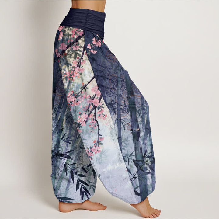 Buddha Stones Pantaloni harem da donna in cotone, bambù e con motivo a fiori di ciliegio, con elastico in vita. - image 9