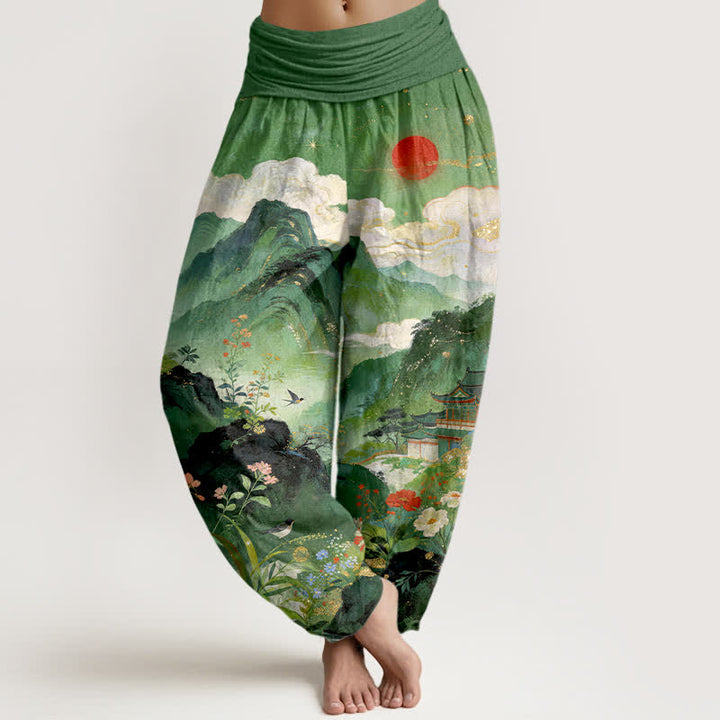 Buddha Stones Pantaloni harem da donna con elastico in vita, modello Padiglione di montagna e sole, in cotone. - Verde mare - US16, UK/AU20, EU48 (3XL) - image 0