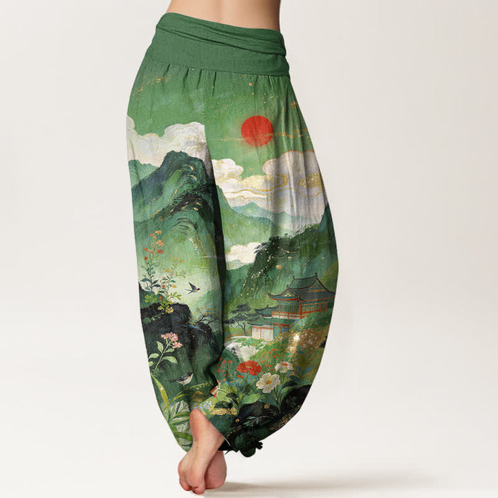 Buddha Stones Pantaloni harem da donna con elastico in vita, modello Padiglione di montagna e sole, in cotone. - image 2