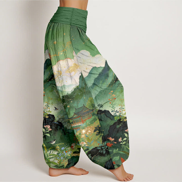 Buddha Stones Pantaloni harem da donna con elastico in vita, modello Padiglione di montagna e sole, in cotone. - image 1