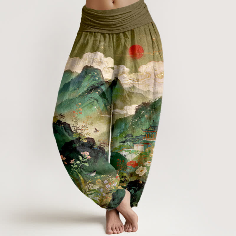 Buddha Stones Pantaloni harem da donna con elastico in vita, modello Padiglione di montagna e sole, in cotone. - Oliva - US16, UK/AU20, EU48 (3XL) - image 5