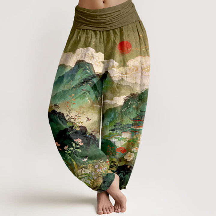 Buddha Stones Pantaloni harem da donna con elastico in vita, modello Padiglione di montagna e sole, in cotone. - Oliva - US16, UK/AU20, EU48 (3XL) - image 5