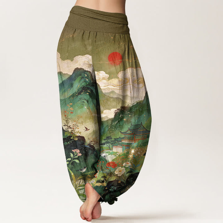 Buddha Stones Pantaloni harem da donna con elastico in vita, modello Padiglione di montagna e sole, in cotone. - image 7