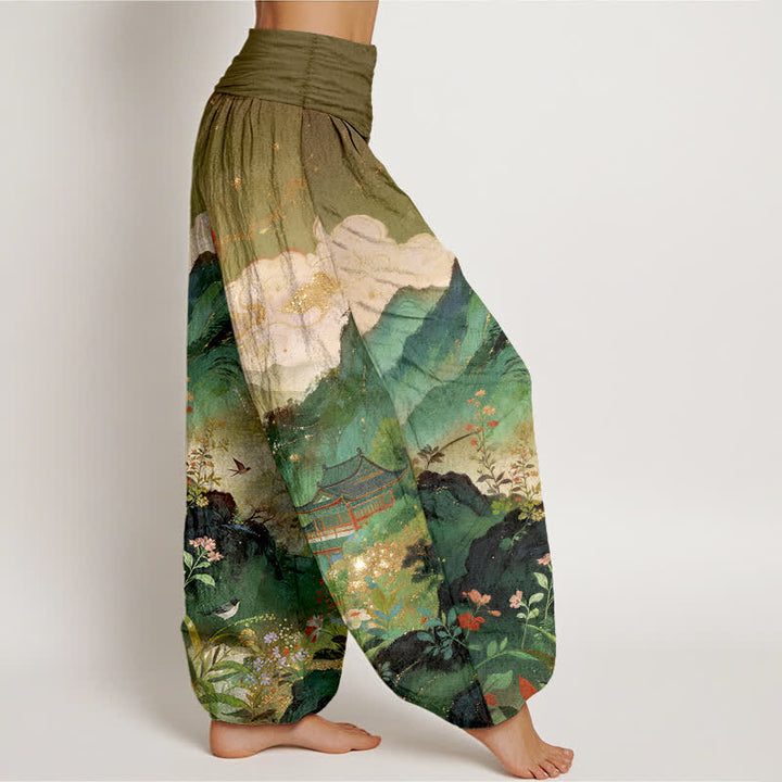 Buddha Stones Pantaloni harem da donna con elastico in vita, modello Padiglione di montagna e sole, in cotone. - image 6