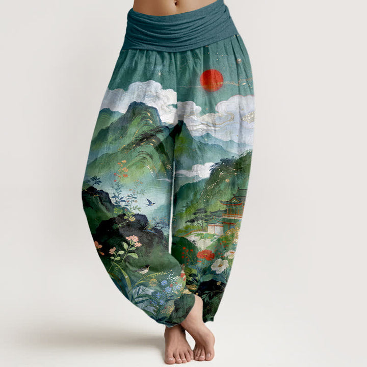 Buddha Stones Pantaloni harem da donna con elastico in vita, modello Padiglione di montagna e sole, in cotone. - Verde acqua - US16, UK/AU20, EU48 (3XL) - image 8