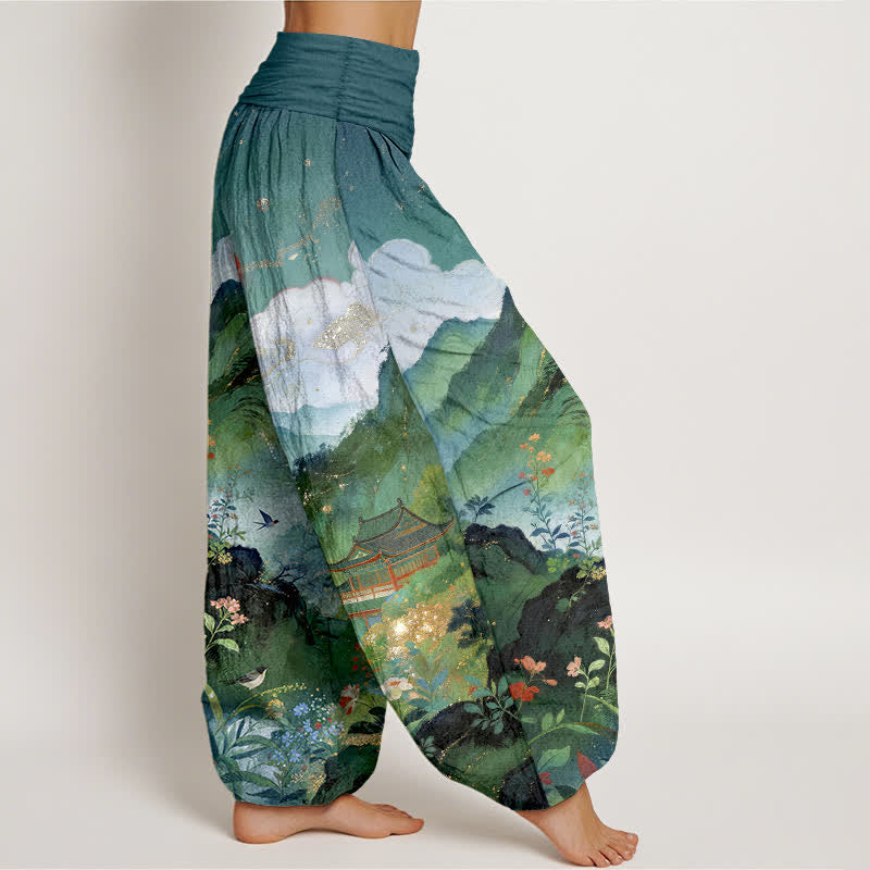 Buddha Stones Pantaloni harem da donna con elastico in vita, modello Padiglione di montagna e sole, in cotone. - image 9