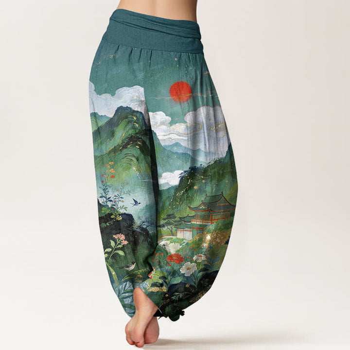 Buddha Stones Pantaloni harem da donna con elastico in vita, modello Padiglione di montagna e sole, in cotone. - image 10