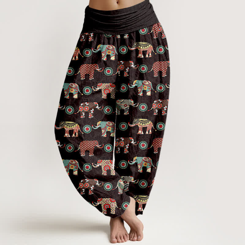 Buddha Stones Pantaloni harem da donna in cotone con motivo mandala a elefanti e elastico in vita. - Nero - US16, UK/AU20, EU48 (3XL) - image 0