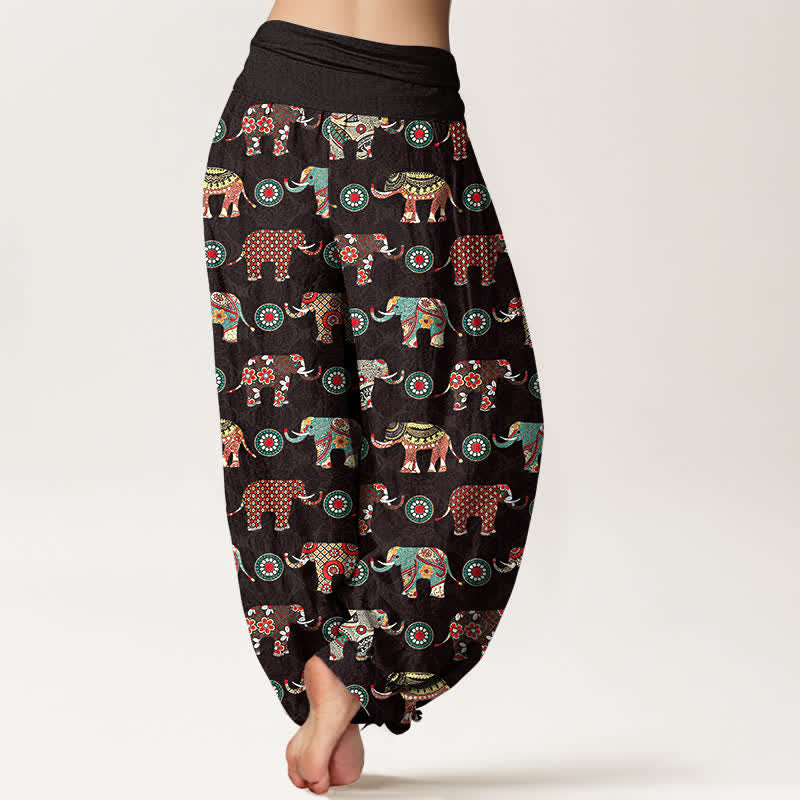 Buddha Stones Pantaloni harem da donna in cotone con motivo mandala a elefanti e elastico in vita. - image 2