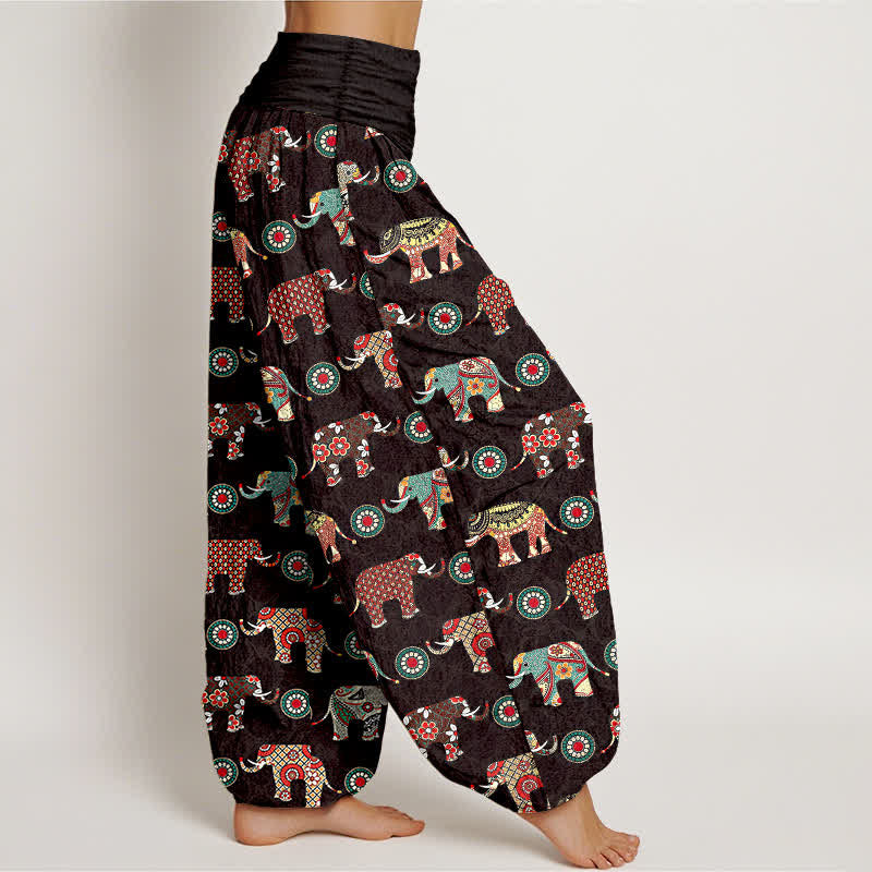 Buddha Stones Pantaloni harem da donna in cotone con motivo mandala a elefanti e elastico in vita. - image 1