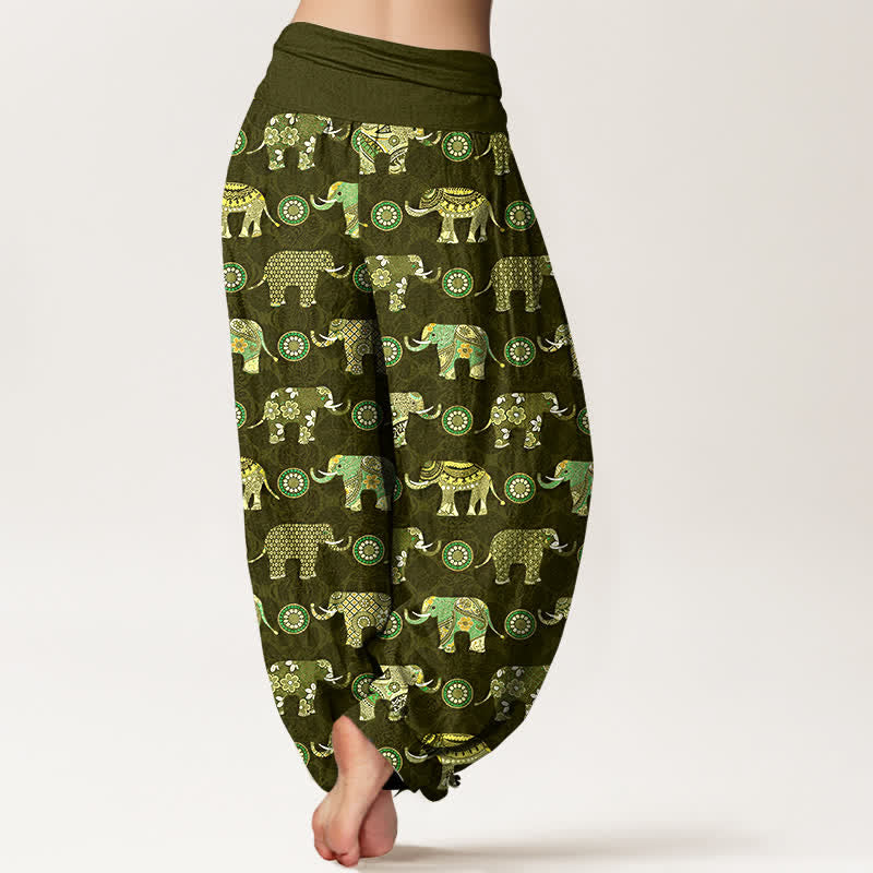 Buddha Stones Pantaloni harem da donna in cotone con motivo mandala a elefanti e elastico in vita. - image 7
