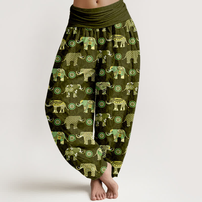 Buddha Stones Pantaloni harem da donna in cotone con motivo mandala a elefanti e elastico in vita. - Verde oliva scuro - US16, UK/AU20, EU48 (3XL) - image 5