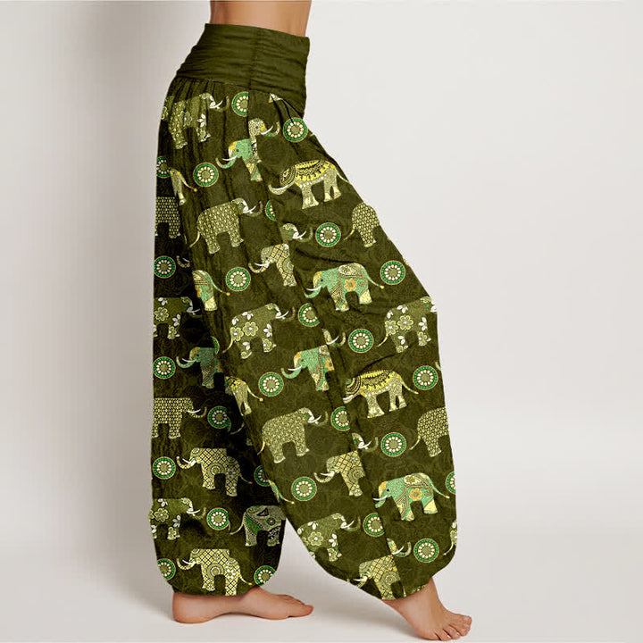 Buddha Stones Pantaloni harem da donna in cotone con motivo mandala a elefanti e elastico in vita. - image 6