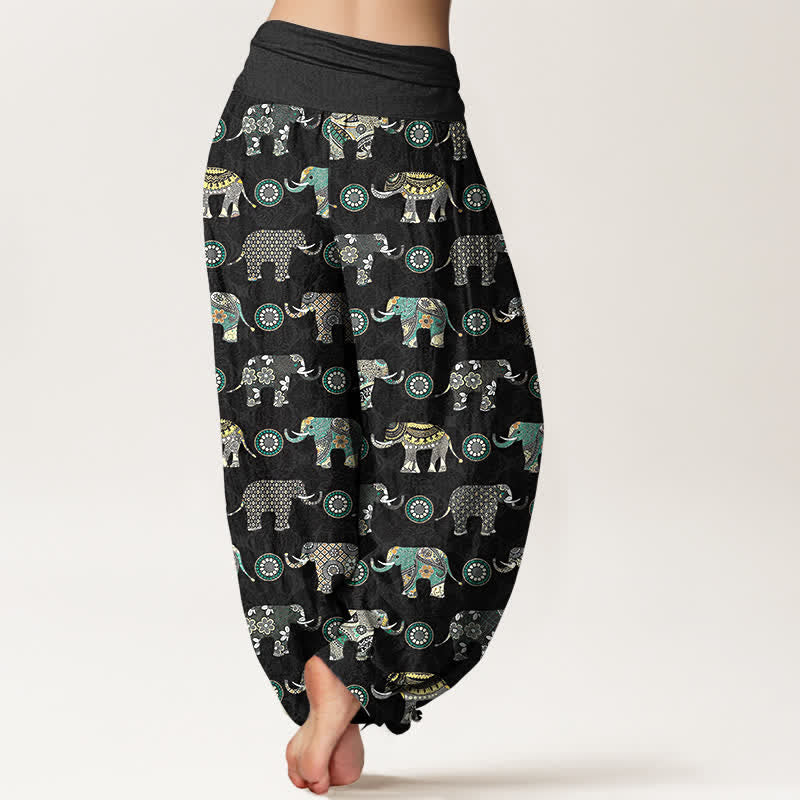 Buddha Stones Pantaloni harem da donna in cotone con motivo mandala a elefanti e elastico in vita. - image 10