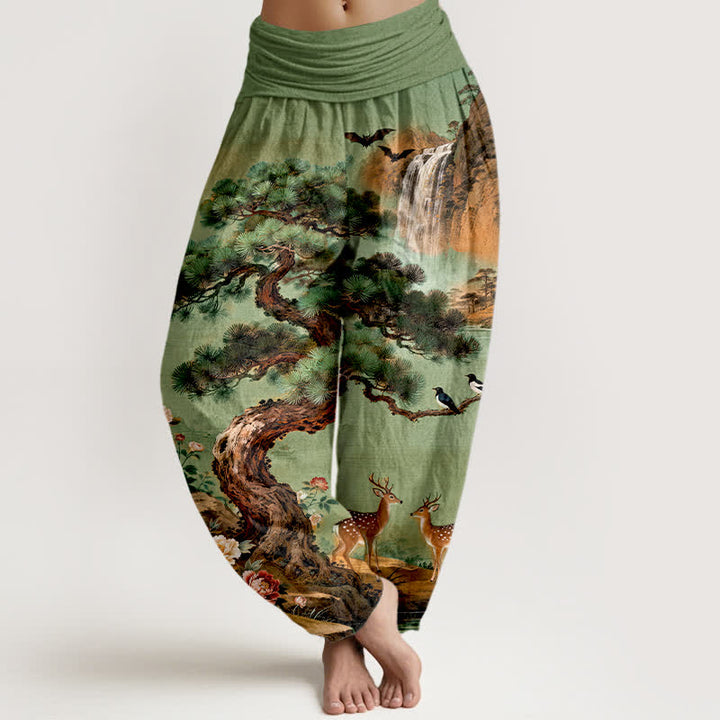 Buddha Stones Pantaloni harem da donna in cotone con elastico in vita e fantasia a cervi e pini di montagna. - Verde mare - US16, UK/AU20, EU48 (3XL) - image 0