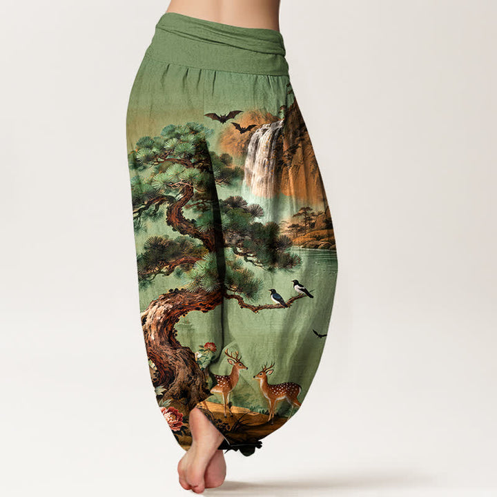 Buddha Stones Pantaloni harem da donna in cotone con elastico in vita e fantasia a cervi e pini di montagna. - image 2