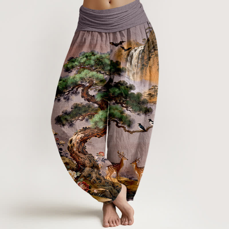 Buddha Stones Pantaloni harem da donna in cotone con elastico in vita e fantasia a cervi e pini di montagna. - Indaco - US16, UK/AU20, EU48 (3XL) - image 5