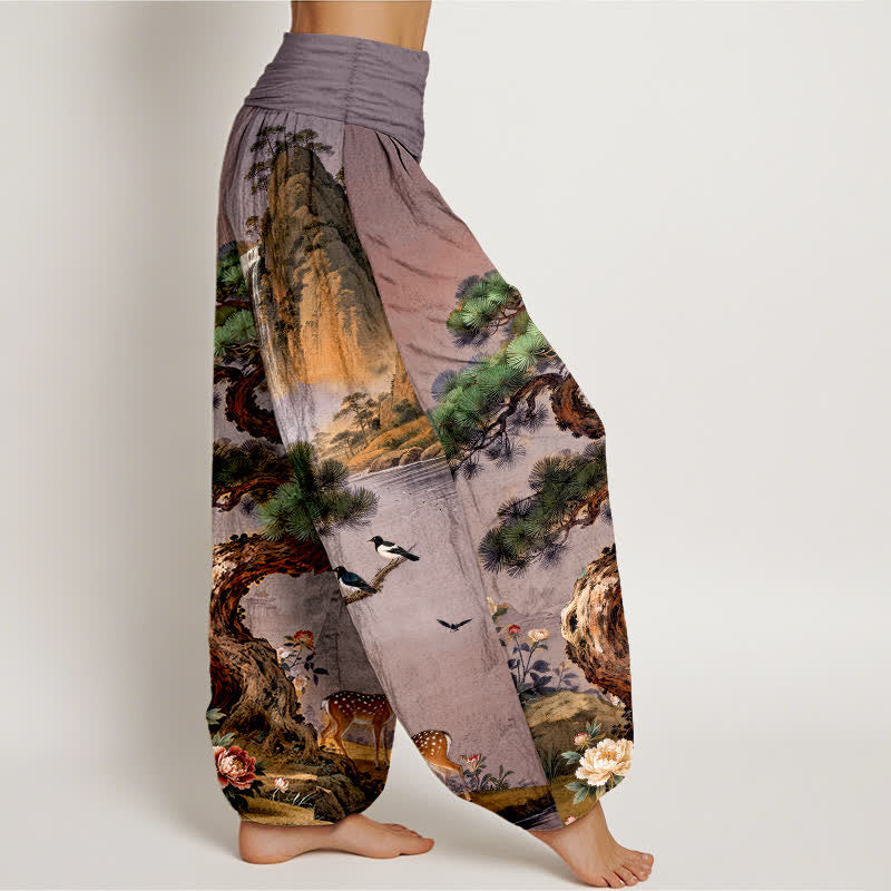 Buddha Stones Pantaloni harem da donna in cotone con elastico in vita e fantasia a cervi e pini di montagna. - image 6