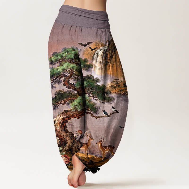 Buddha Stones Pantaloni harem da donna in cotone con elastico in vita e fantasia a cervi e pini di montagna. - image 7