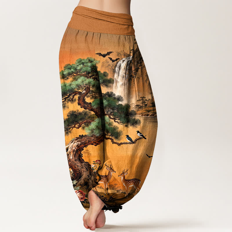 Buddha Stones Pantaloni harem da donna in cotone con elastico in vita e fantasia a cervi e pini di montagna. - image 10