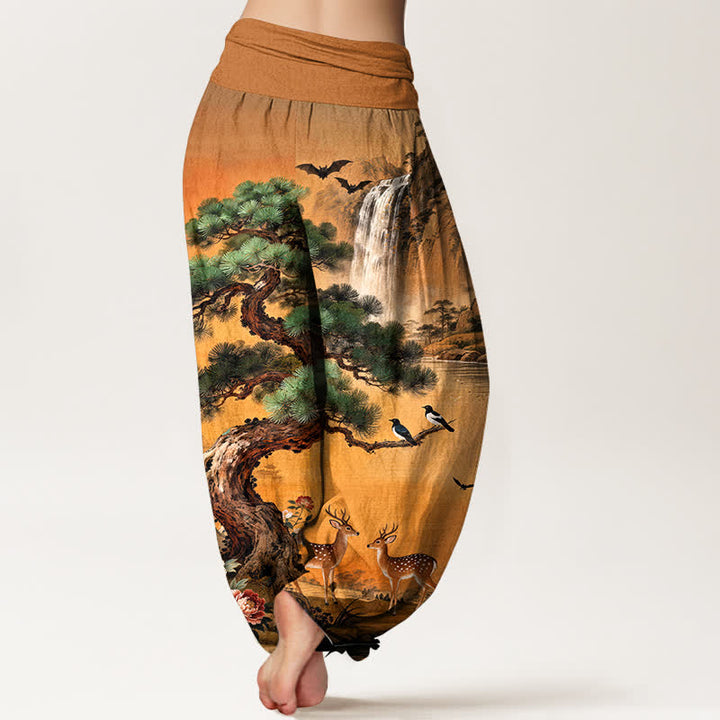 Buddha Stones Pantaloni harem da donna in cotone con elastico in vita e fantasia a cervi e pini di montagna. - image 10