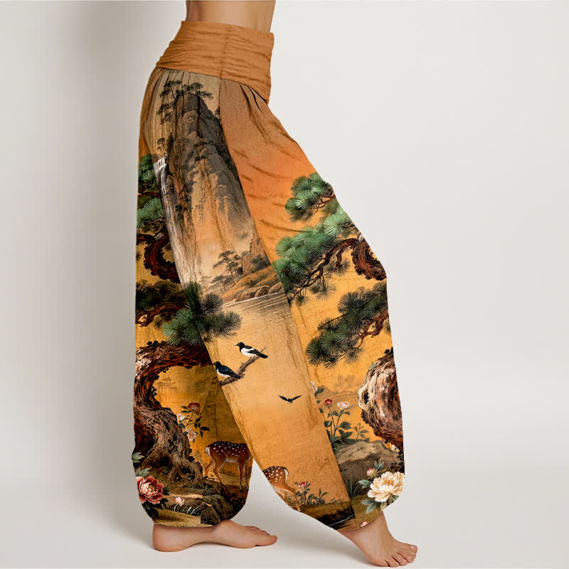 Buddha Stones Pantaloni harem da donna in cotone con elastico in vita e fantasia a cervi e pini di montagna. - image 9