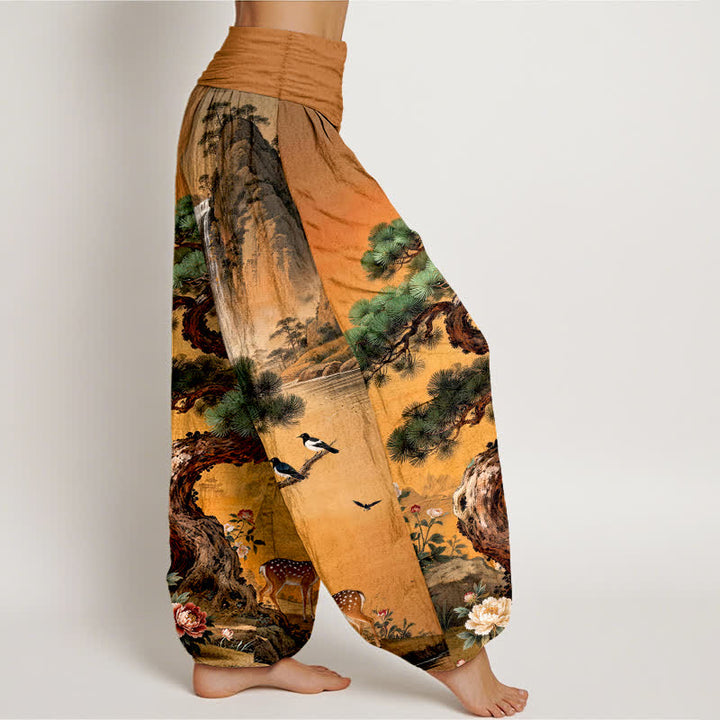 Buddha Stones Pantaloni harem da donna in cotone con elastico in vita e fantasia a cervi e pini di montagna. - image 9