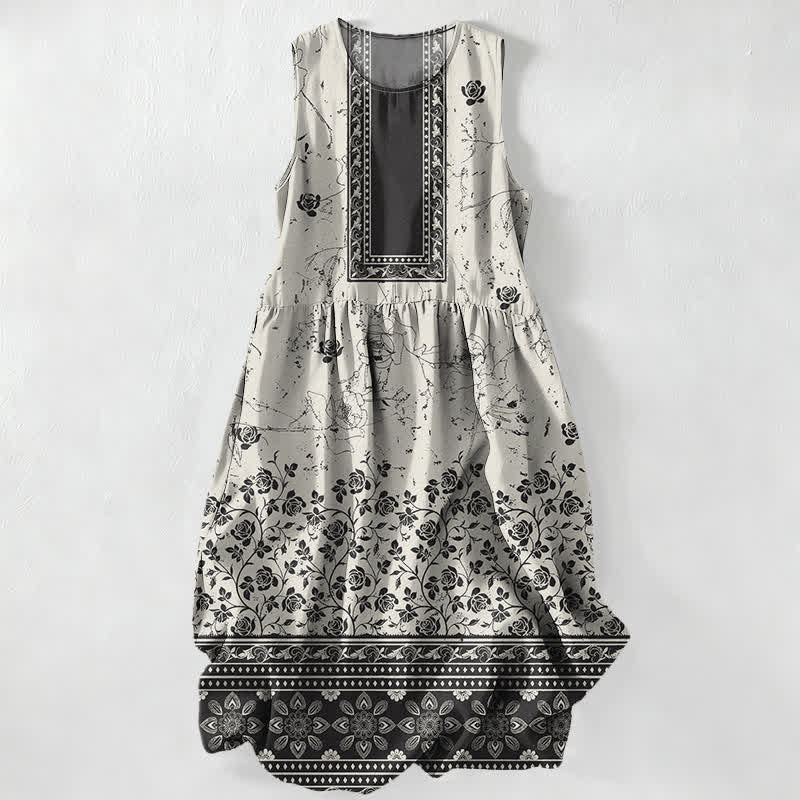 Buddha Stones Abito midi estivo casual da donna con bordo floreale vintage e tasche. - Avorio - US16, UK/AU20, EU48 (3XL) - image 0