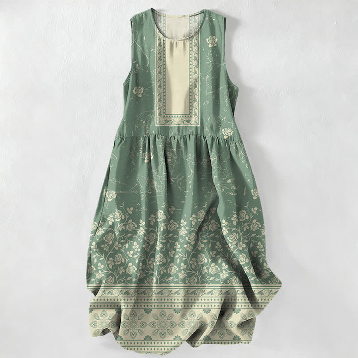 Buddha Stones Abito midi estivo casual da donna con bordo floreale vintage e tasche. - Verde mare - US16, UK/AU20, EU48 (3XL) - image 5