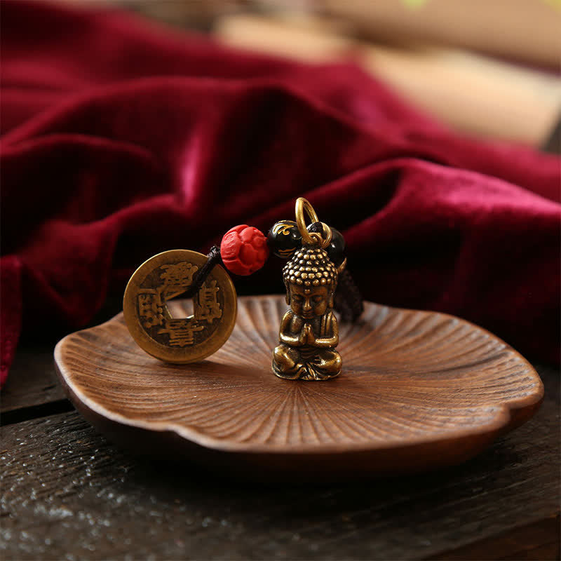 Buddha Stones Portachiavi in ​​ottone con Buddha e cinque monete dell'imperatore, cordino intrecciato, simbolo di compassione. - image 11