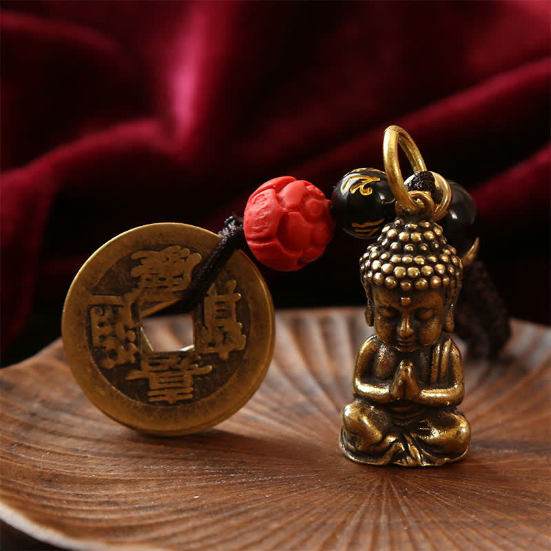 Buddha Stones Portachiavi in ​​ottone con Buddha e cinque monete dell'imperatore, cordino intrecciato, simbolo di compassione. - image 12