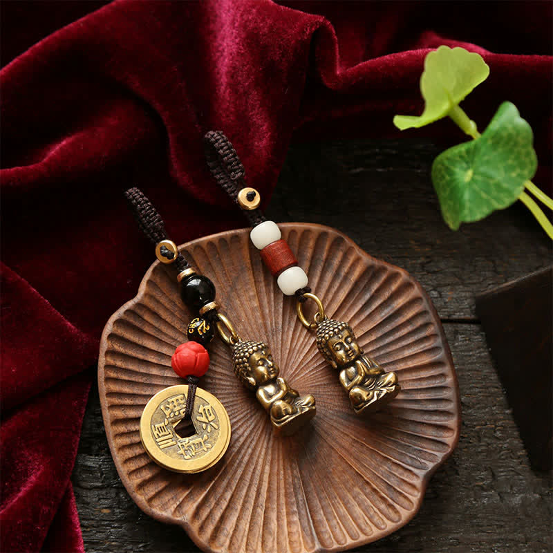 Buddha Stones Portachiavi in ​​ottone con Buddha e cinque monete dell'imperatore, cordino intrecciato, simbolo di compassione. - image 18
