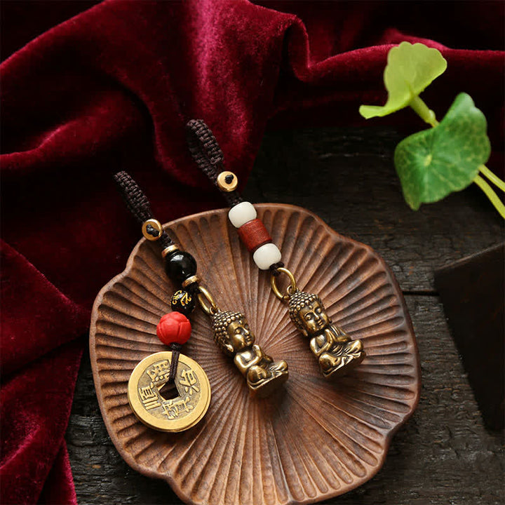 Buddha Stones Portachiavi in ​​ottone con Buddha e cinque monete dell'imperatore, cordino intrecciato, simbolo di compassione. - image 18
