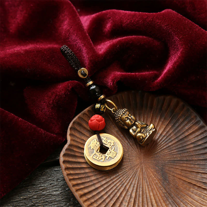 Buddha Stones Portachiavi in ​​ottone con Buddha e cinque monete dell'imperatore, cordino intrecciato, simbolo di compassione. - image 14