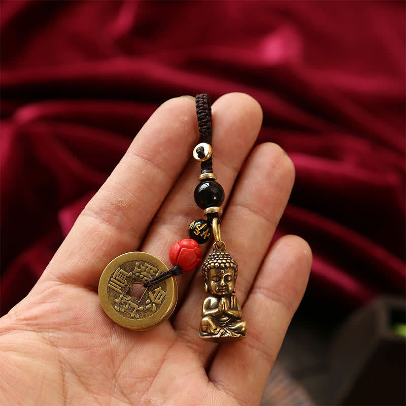 Buddha Stones Portachiavi in ​​ottone con Buddha e cinque monete dell'imperatore, cordino intrecciato, simbolo di compassione. - image 15