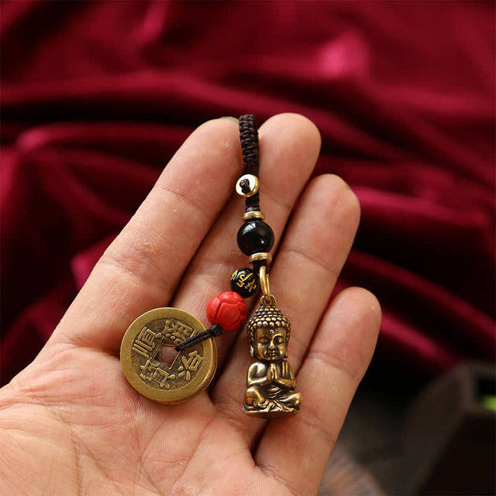 Buddha Stones Portachiavi in ​​ottone con Buddha e cinque monete dell'imperatore, cordino intrecciato, simbolo di compassione. - image 15