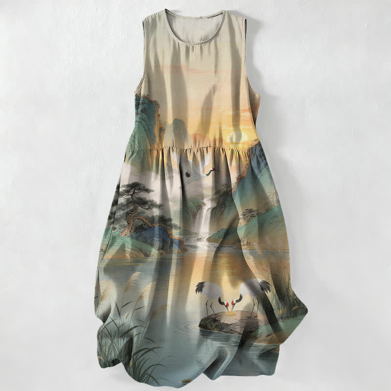 Buddha Stones Abito midi estivo casual da donna con motivo paesaggio di gru e cascate, senza maniche e tasche. - Gainsboro - US16, UK/AU20, EU48 (3XL) - image 0