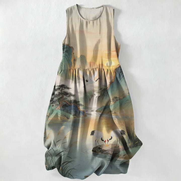 Buddha Stones Abito midi estivo casual da donna con motivo paesaggio di gru e cascate, senza maniche e tasche. - Gainsboro - US16, UK/AU20, EU48 (3XL) - image 0