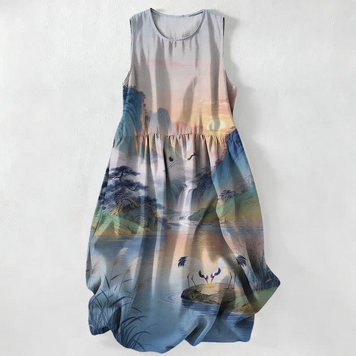 Buddha Stones Abito midi estivo casual da donna con motivo paesaggio di gru e cascate, senza maniche e tasche. - Blu acciaio chiaro - US16, UK/AU20, EU48 (3XL) - image 4
