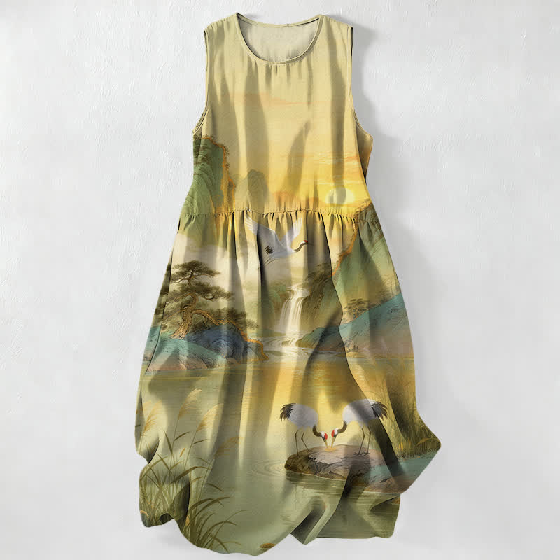 Buddha Stones Abito midi estivo casual da donna con motivo paesaggio di gru e cascate, senza maniche e tasche. - Cachi - US16, UK/AU20, EU48 (3XL) - image 5