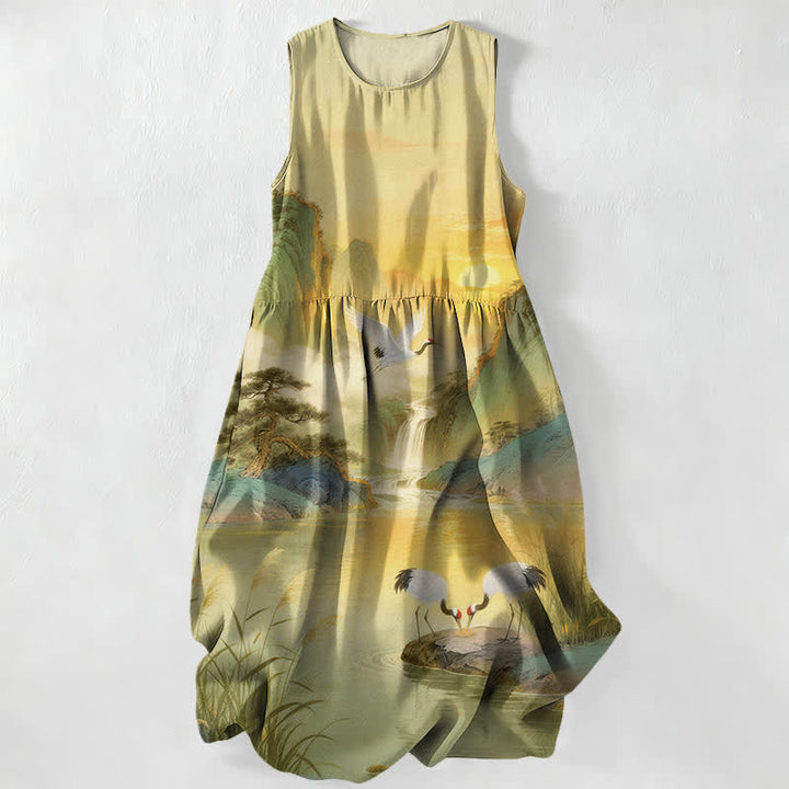 Buddha Stones Abito midi estivo casual da donna con motivo paesaggio di gru e cascate, senza maniche e tasche. - Cachi - US16, UK/AU20, EU48 (3XL) - image 5