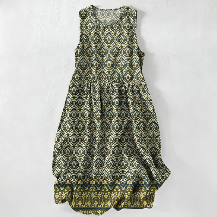 Buddha Stones Abito midi estivo casual da donna con motivo ikat geometrico e tasche. - Verde oliva scuro - US16, UK/AU20, EU48 (3XL) - image 5